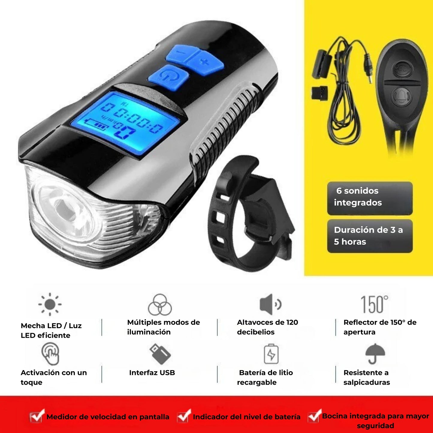 BikeBeam™ Pro – Linterna con Bocina y Velocímetro Integrado