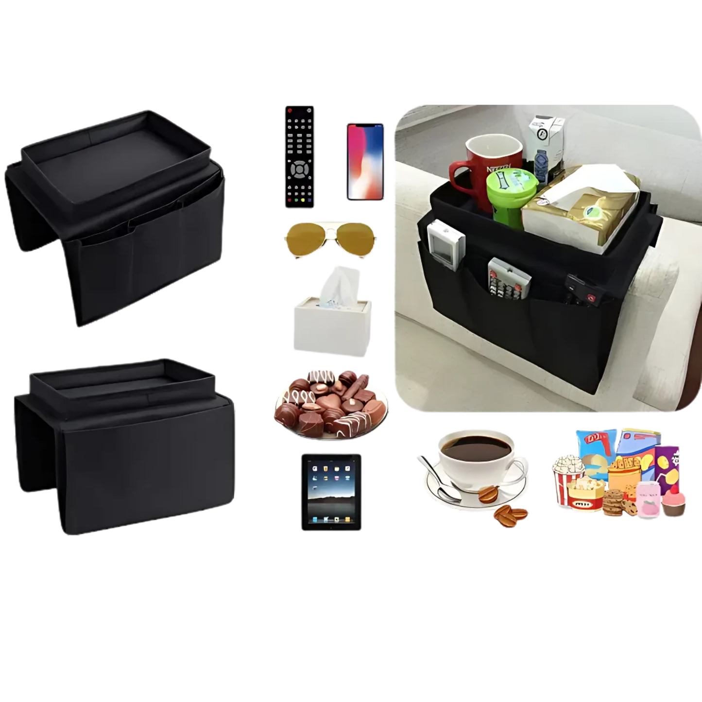 SofaPocket™ – Organizador de Sofá con Bandeja Superior y 6 Bolsillos