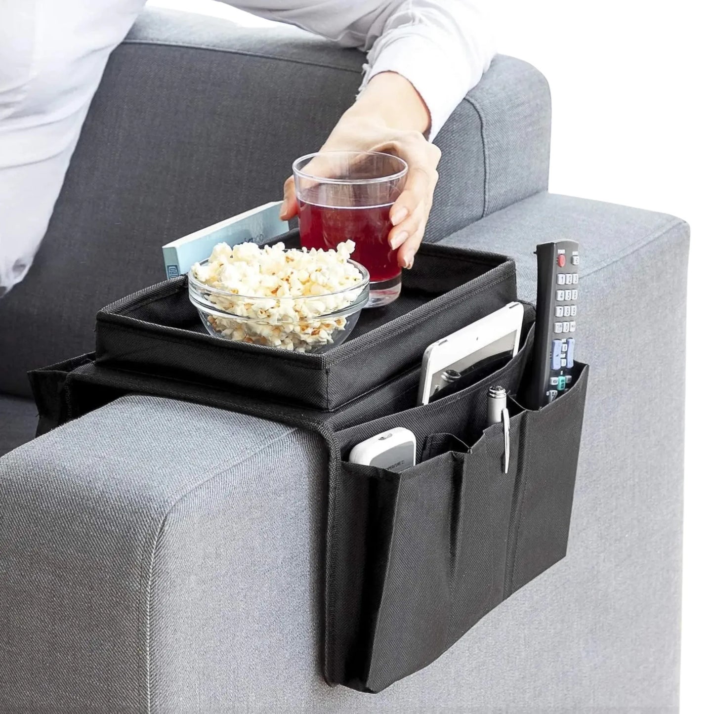 SofaPocket™ – Organizador de Sofá con Bandeja Superior y 6 Bolsillos